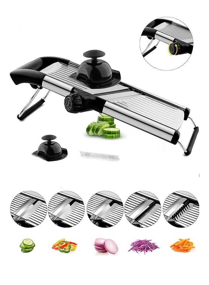 غوغا قطّاعة ماندولين قابلة للتعديل للمطبخ من الستانلس ستيل، قطّاعة طعام وقطّاعة خضار للخيار والبطاطس والملفوف والجزر والبصل، قطاعه بطاطس، مع فرشاة تنظيف ودافع طعام، سهلة الاستخدام والتنظيف - Image 1